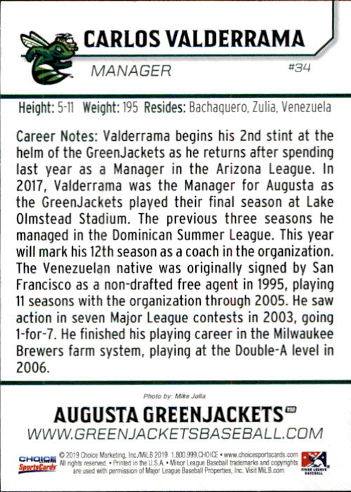 2019 Augusta GreenJackets Choice #34 Carlos Valderrama MG back image