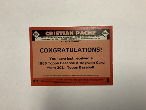 Topps Series One Baseball 2021 Autograph Card 86A-CPA Cristian Pache