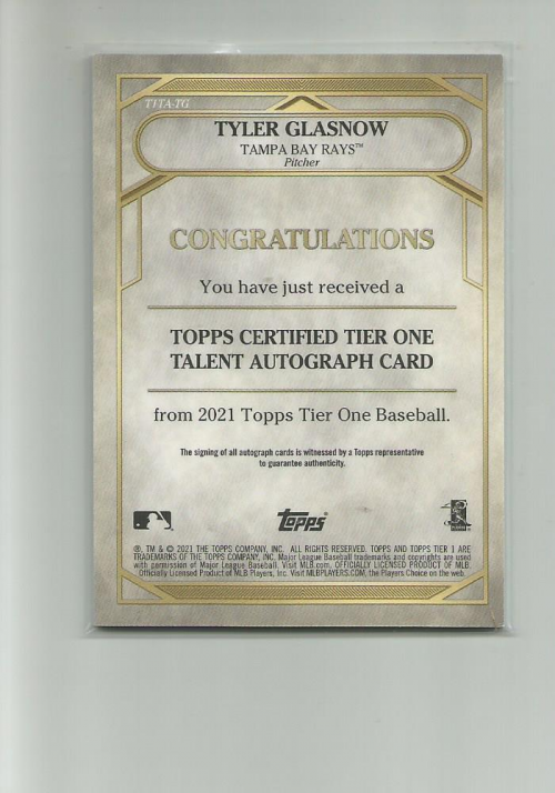 2021 Topps Tier One Tier One Talent Autographs #T1TATG Tyler Glasnow EXCH back image