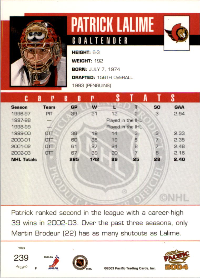 2003-04 Pacific Red #239 Patrick Lalime back image
