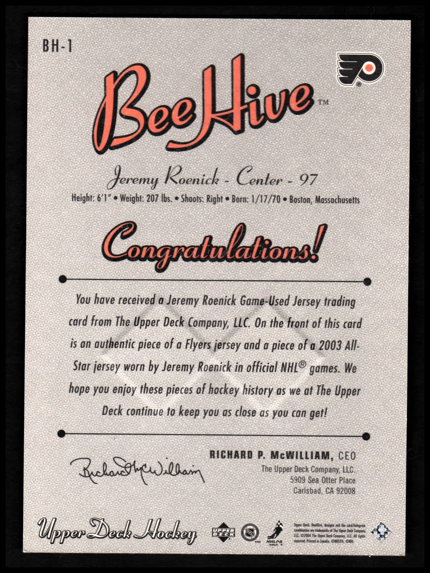 2003-04 Beehive Jumbo Jerseys #BH1 Jeremy Roenick back image