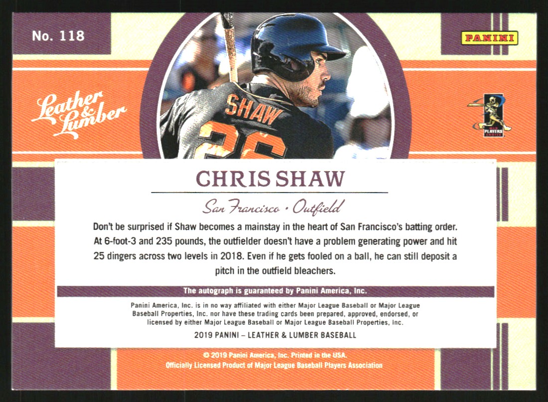 2019 Panini Leather and Lumber Rookie Leather Signatures Dark Brown #118 Chris Shaw/75