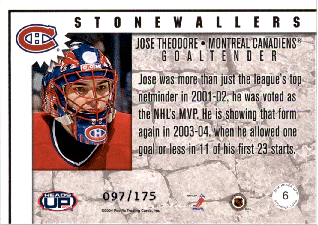 2003-04 Pacific Heads Up Stonewallers LTD #6 Jose Theodore back image