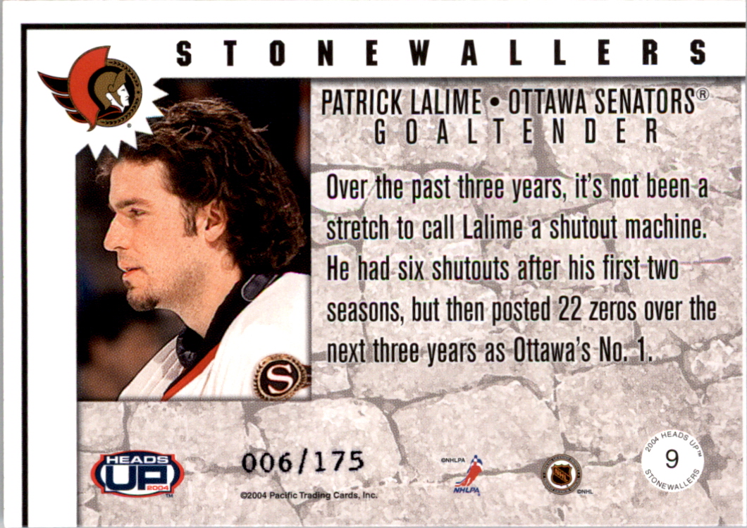 2003-04 Pacific Heads Up Stonewallers LTD #9 Patrick Lalime back image