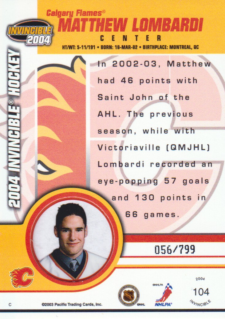 2003-04 Pacific Invincible #104 Matthew Lombardi RC back image