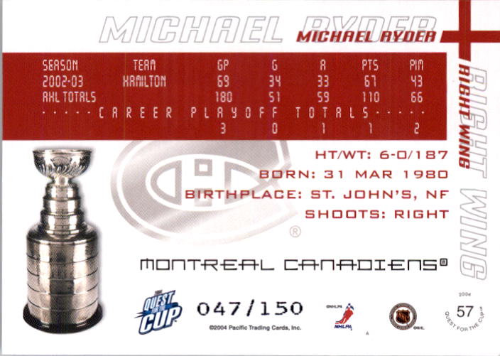 2003-04 Pacific Quest for the Cup Blue #57 Michael Ryder back image