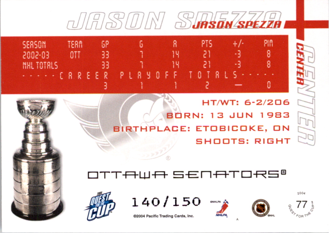 2003-04 Pacific Quest for the Cup Blue #77 Jason Spezza back image