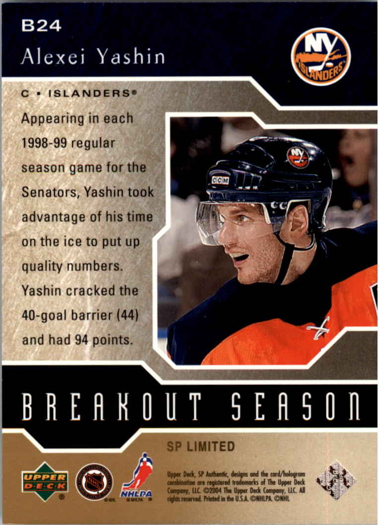 2003-04 SP Authentic Breakout Seasons Limited #B24 Alexei Yashin back image