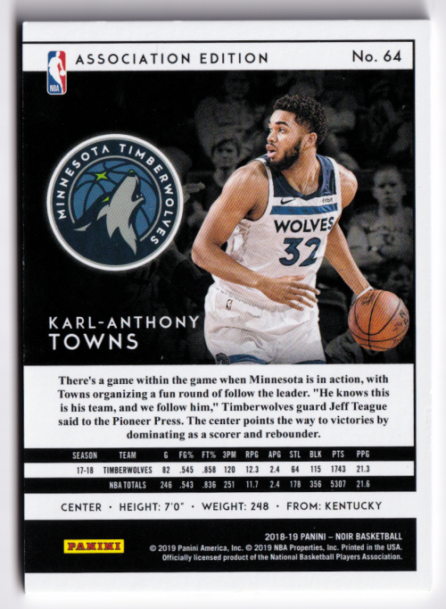 2018-19 Panini Noir Holo Silver #64 Karl-Anthony Towns A back image