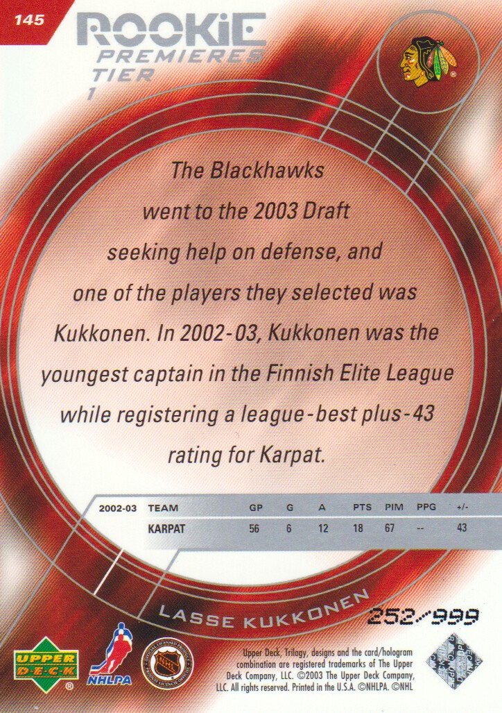 2003-04 Upper Deck Trilogy #145 Lasse Kukkonen RC back image