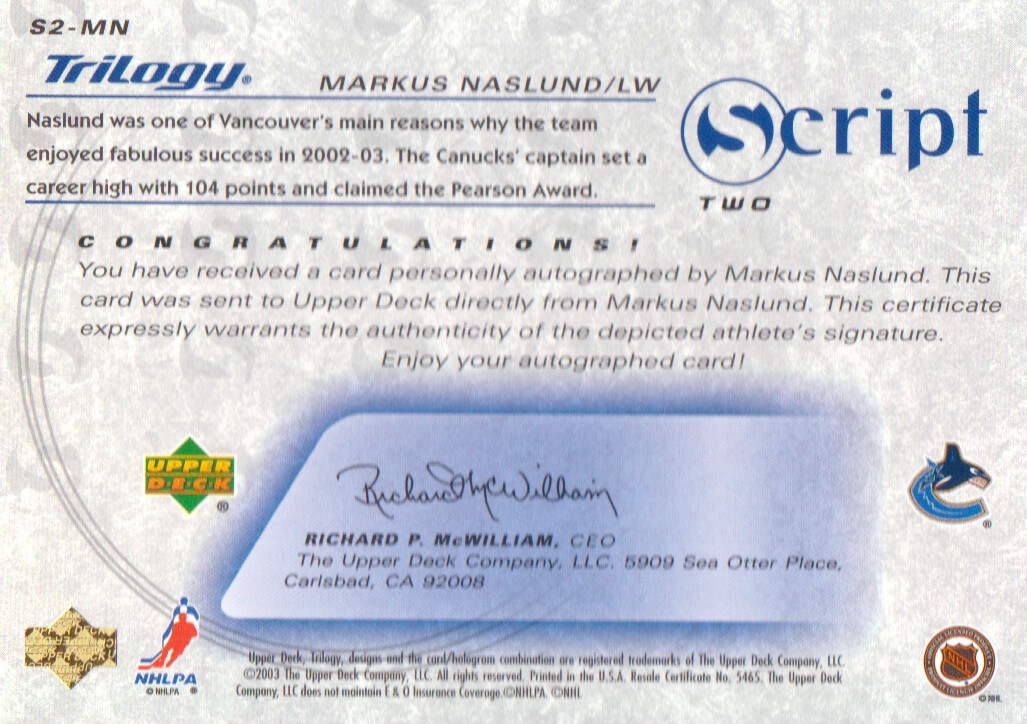 2003-04 Upper Deck Trilogy Scripts #S2MN Markus Naslund back image