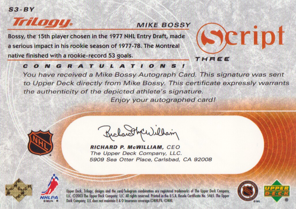 2003-04 Upper Deck Trilogy Scripts #S3BY Mike Bossy AS back image
