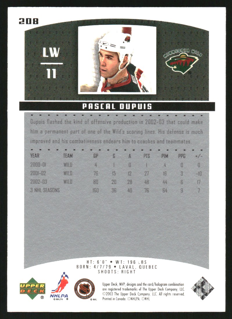 2003-04 Upper Deck MVP Silver Script #208 Pascal Dupuis back image