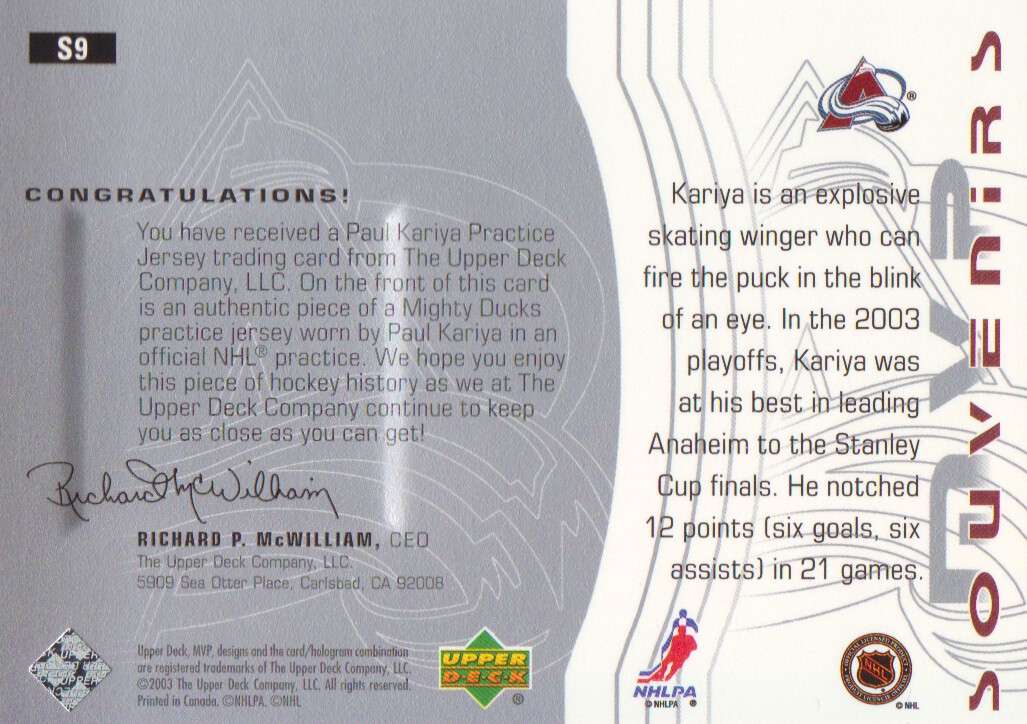2003-04 Upper Deck MVP Souvenirs #S9 Paul Kariya back image