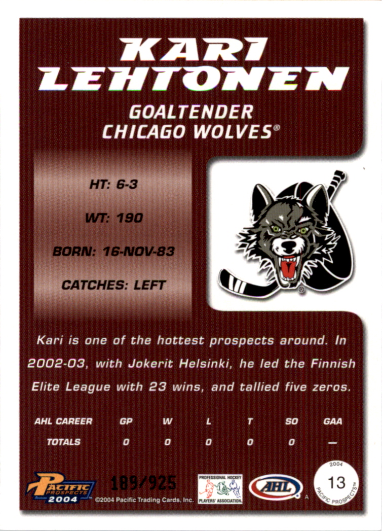 2003-04 Pacific AHL Prospects Gold #13 Kari Lehtonen back image