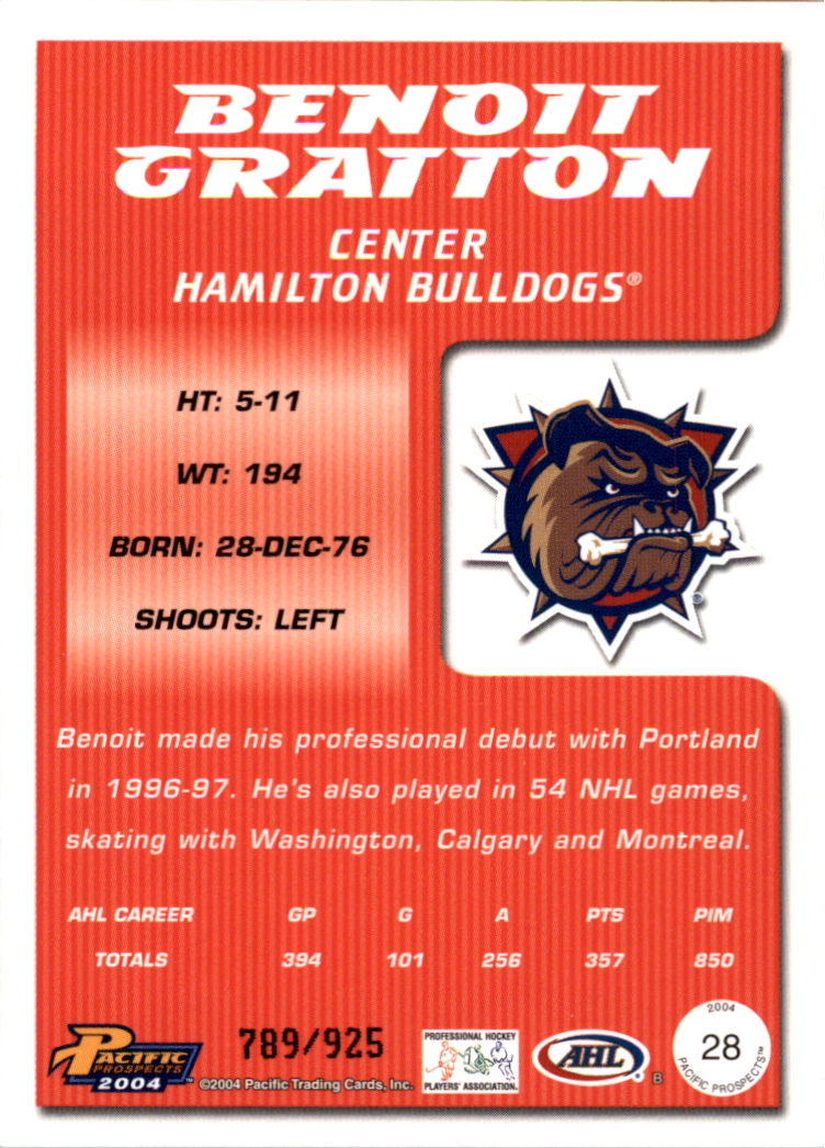 2003-04 Pacific AHL Prospects Gold #28 Benoit Gratton back image