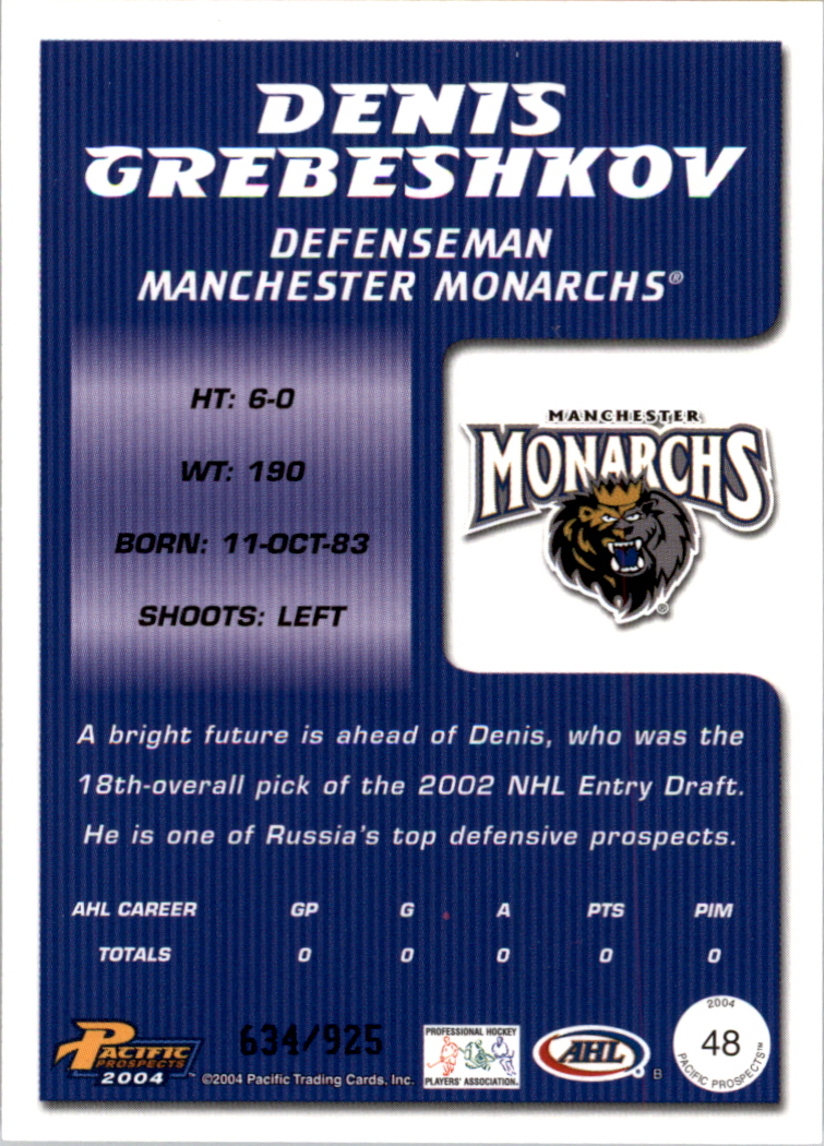 2003-04 Pacific AHL Prospects Gold #48 Denis Grebeshkov back image