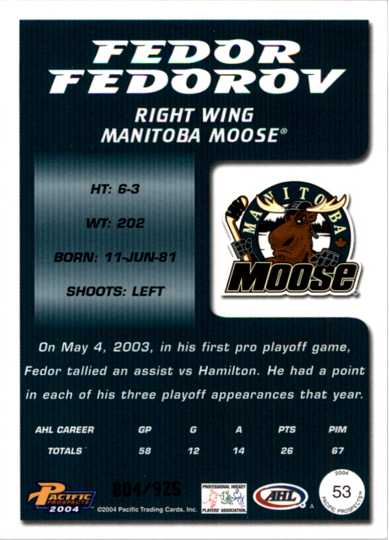2003-04 Pacific AHL Prospects Gold #53 Fedor Fedorov back image