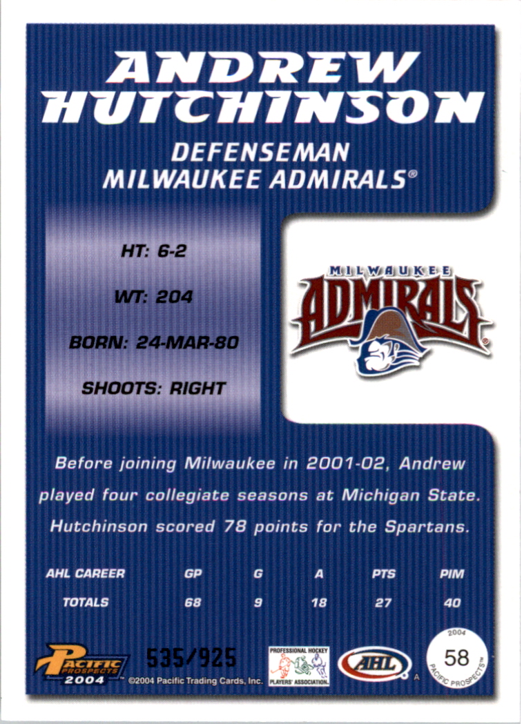 2003-04 Pacific AHL Prospects Gold #58 Andrew Hutchinson back image