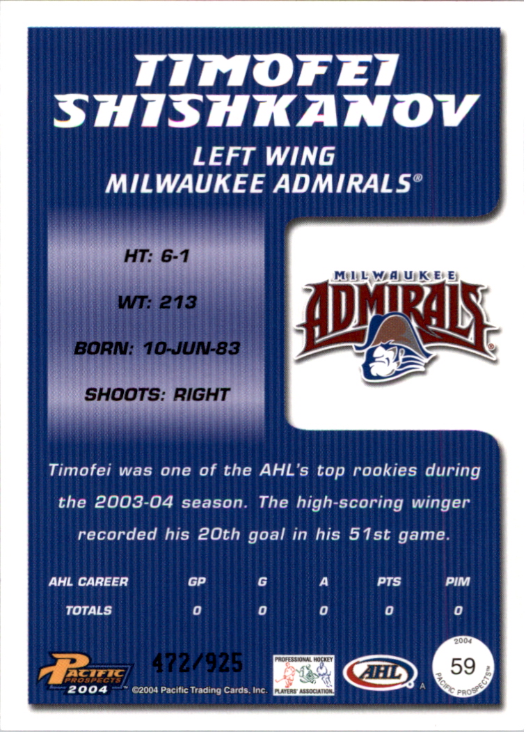 2003-04 Pacific AHL Prospects Gold #59 Timofei Shishkanov back image