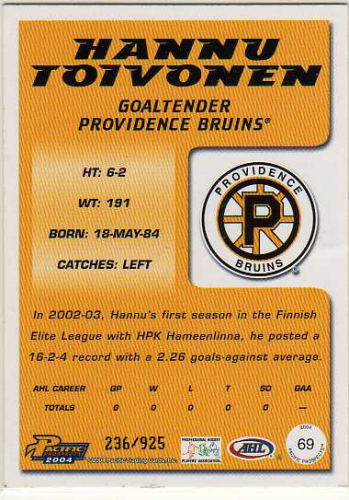 2003-04 Pacific AHL Prospects Gold #69 Hannu Toivonen back image