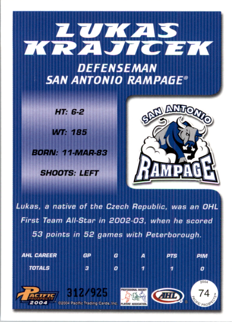 2003-04 Pacific AHL Prospects Gold #74 Lukas Krajicek back image