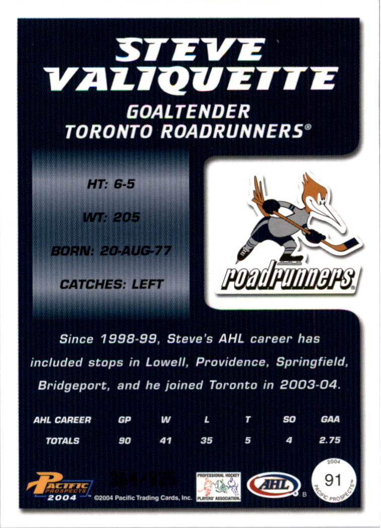 2003-04 Pacific AHL Prospects Gold #91 Steve Valiquette back image