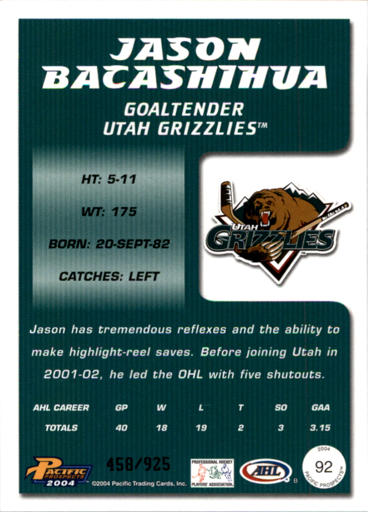 2003-04 Pacific AHL Prospects Gold #92 Jason Bacashihua back image