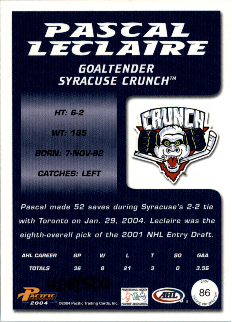 2003-04 Pacific AHL Prospects Autographs #6 Pascal Leclaire back image