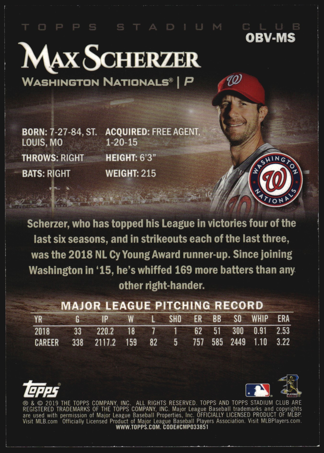 2019 Stadium Club Oversized Box Toppers #OBVMS Max Scherzer back image