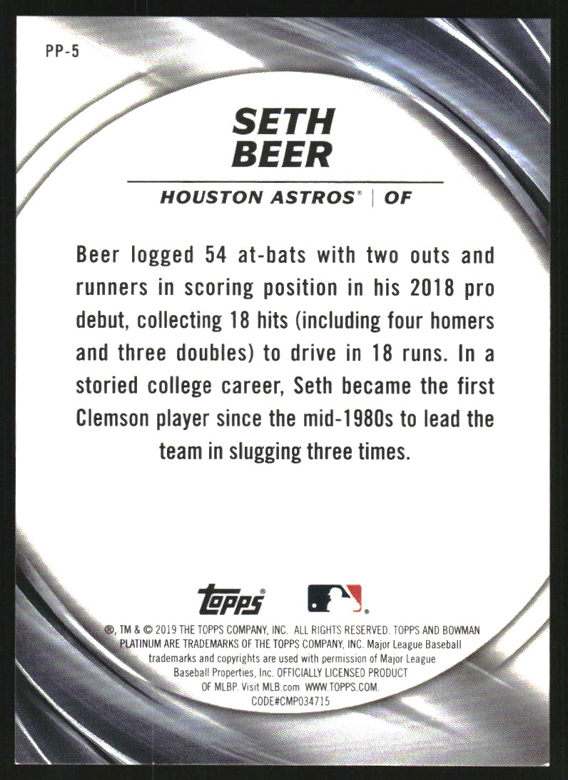 2019 Bowman Platinum Platinum Presence Green #PP5 Seth Beer
