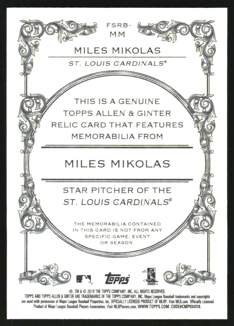 2019 Topps Allen and Ginter Relics #FSRBMM Miles Mikolas B