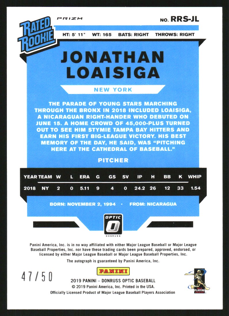 2019 Donruss Optic Rated Rookies Signatures Red #23 Jonathan Loaisiga/50