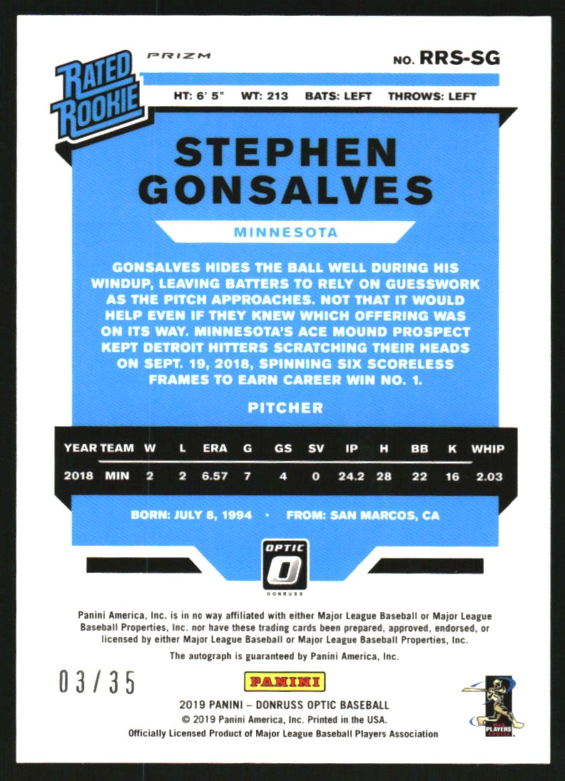 2019 Donruss Optic Rated Rookies Signatures Teal Velocity #42 Stephen Gonsalves/35
