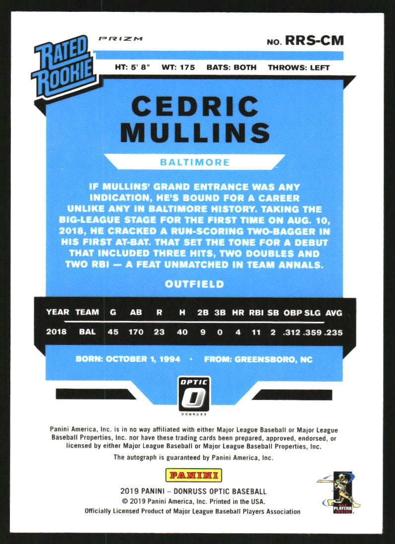 2019 Donruss Optic Rated Rookies Signatures Holo #3 Cedric Mullins