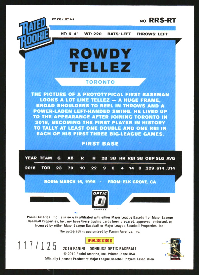 2019 Donruss Optic Rated Rookies Signatures Purple #38 Rowdy Tellez/125