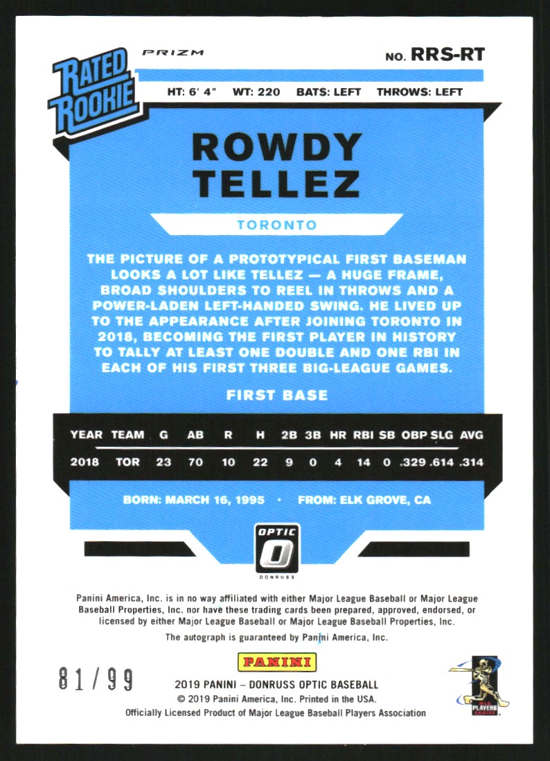 2019 Donruss Optic Rated Rookies Signatures Orange #38 Rowdy Tellez/99