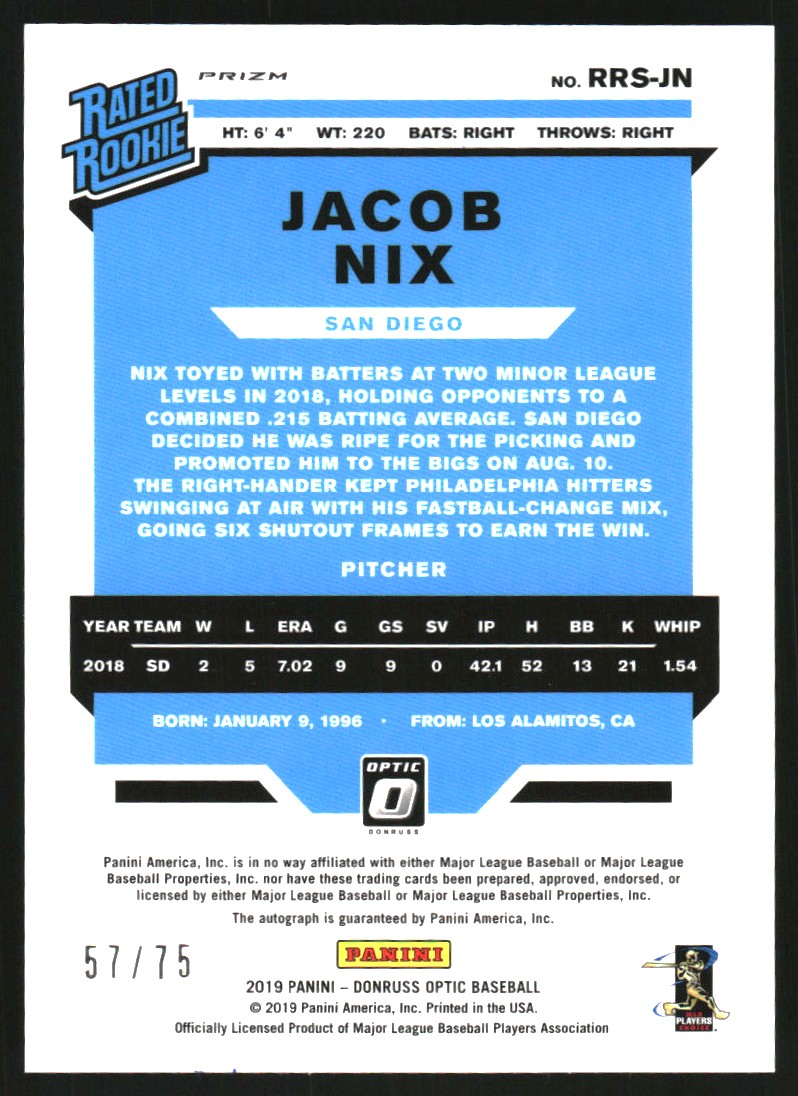 2019 Donruss Optic Rated Rookies Signatures Blue #18 Jacob Nix/75