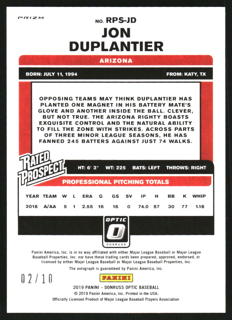 2019 Donruss Optic Rated Prospects Signatures Gold #8 Jon Duplantier