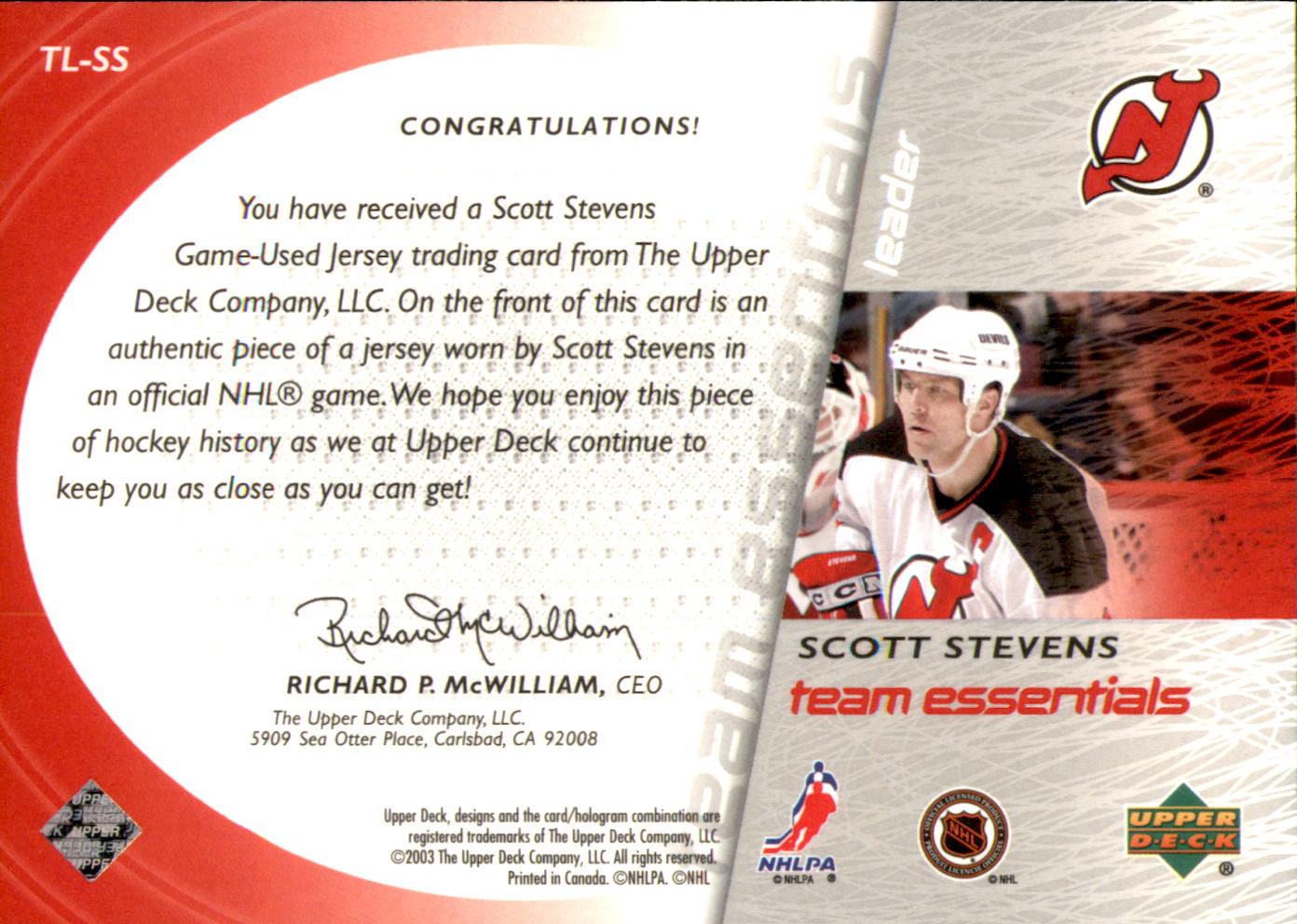 2003-04 Upper Deck Team Essentials #TLSS Scott Stevens back image