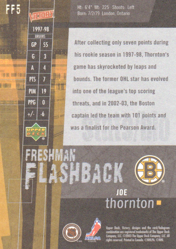 2003-04 Upper Deck Victory Freshman Flashback #FF5 Joe Thornton back image