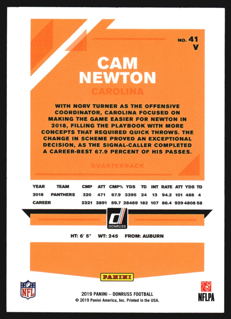 2019 Donruss Season Stat Line #41B Cam Newton/67