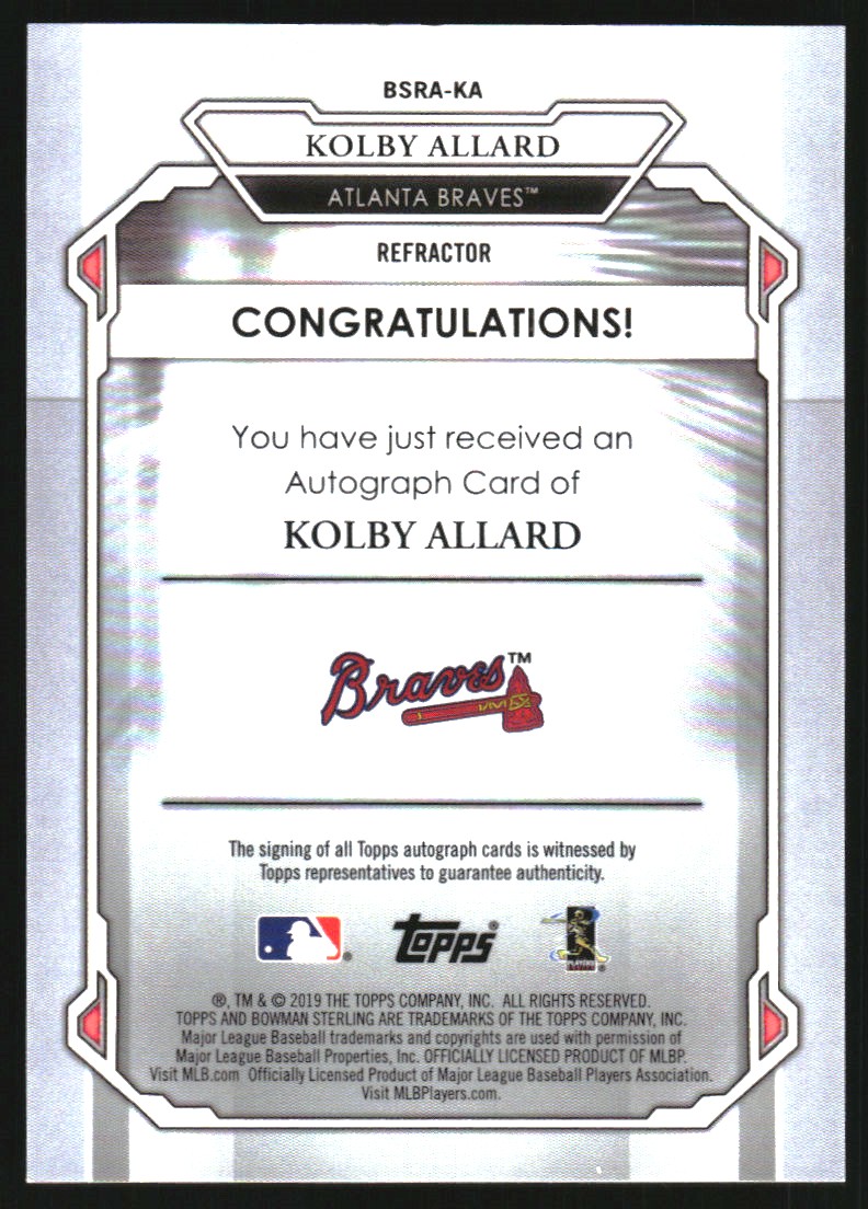 2019 Bowman Sterling Rookie Autographs Refractors #BSRAKA Kolby Allard