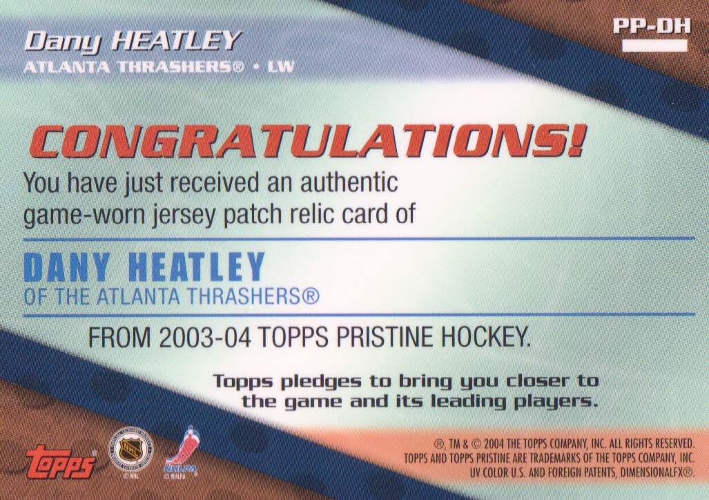 2003-04 Topps Pristine Patches #PPDH Dany Heatley back image