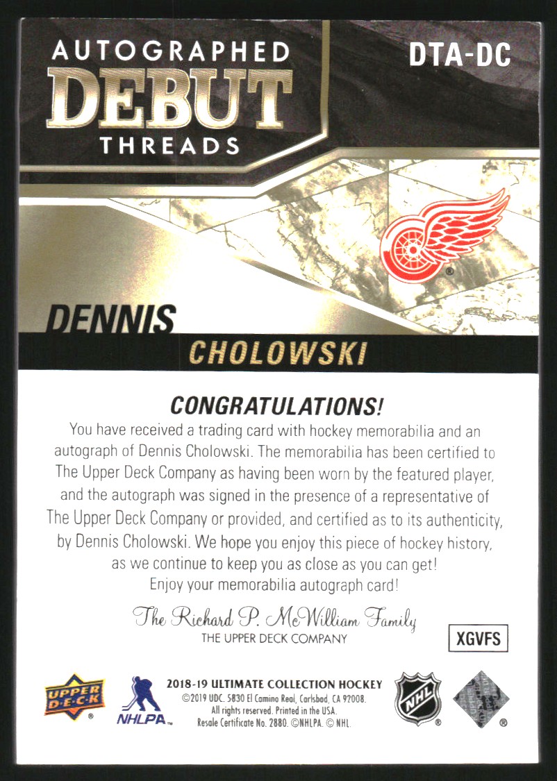 2018-19 Ultimate Collection Debut Threads Patch Autographs #DTADC Dennis Cholowski