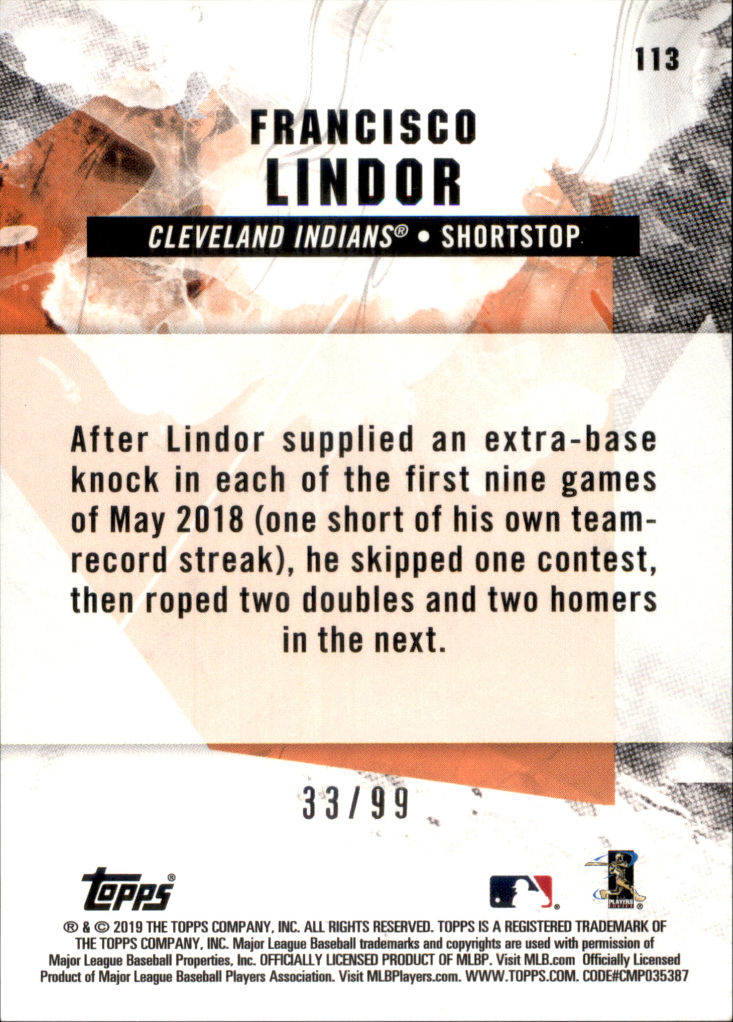 2019 Topps Fire Purple #113 Francisco Lindor back image