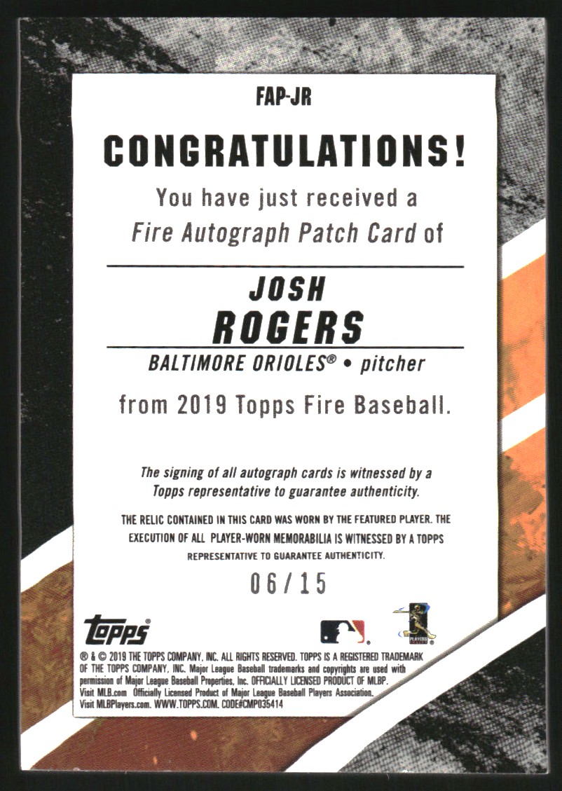 2019 Topps Fire Autograph Patches Blue #FAPJR Josh Rogers