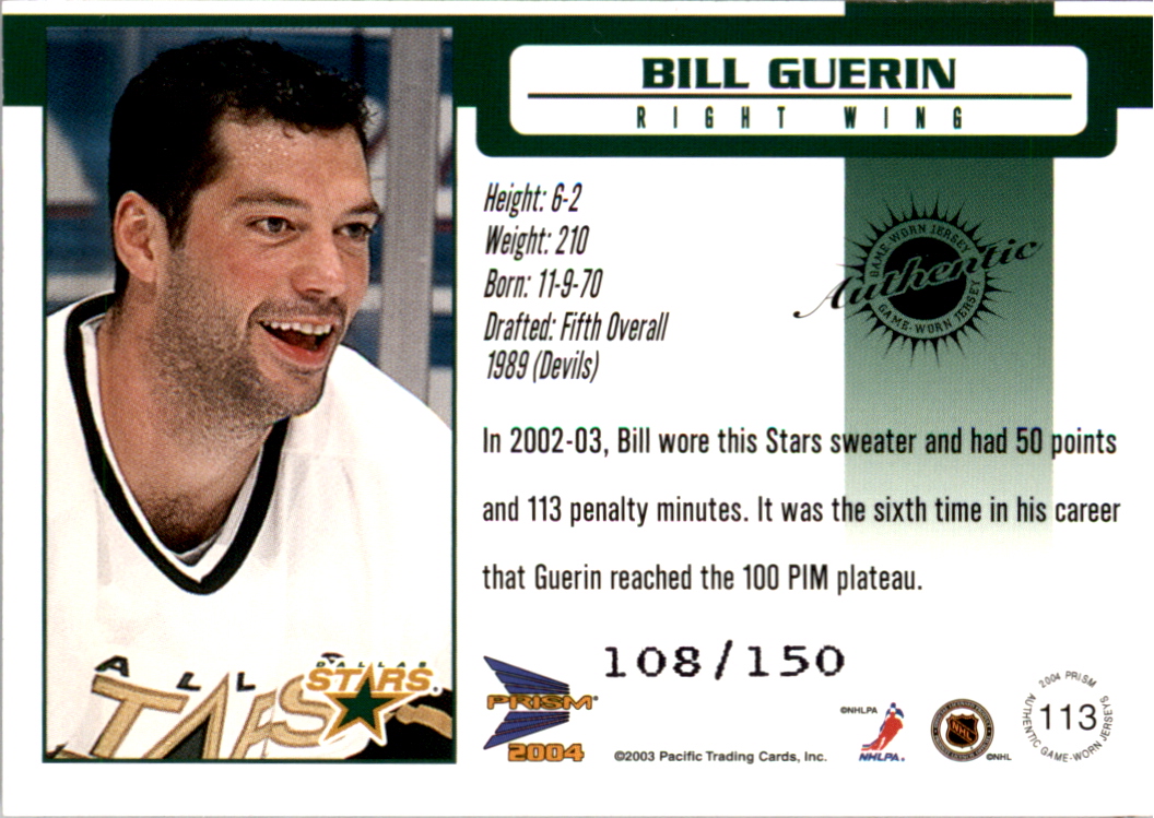 2003-04 Pacific Prism Retail Jerseys #113 Bill Guerin back image