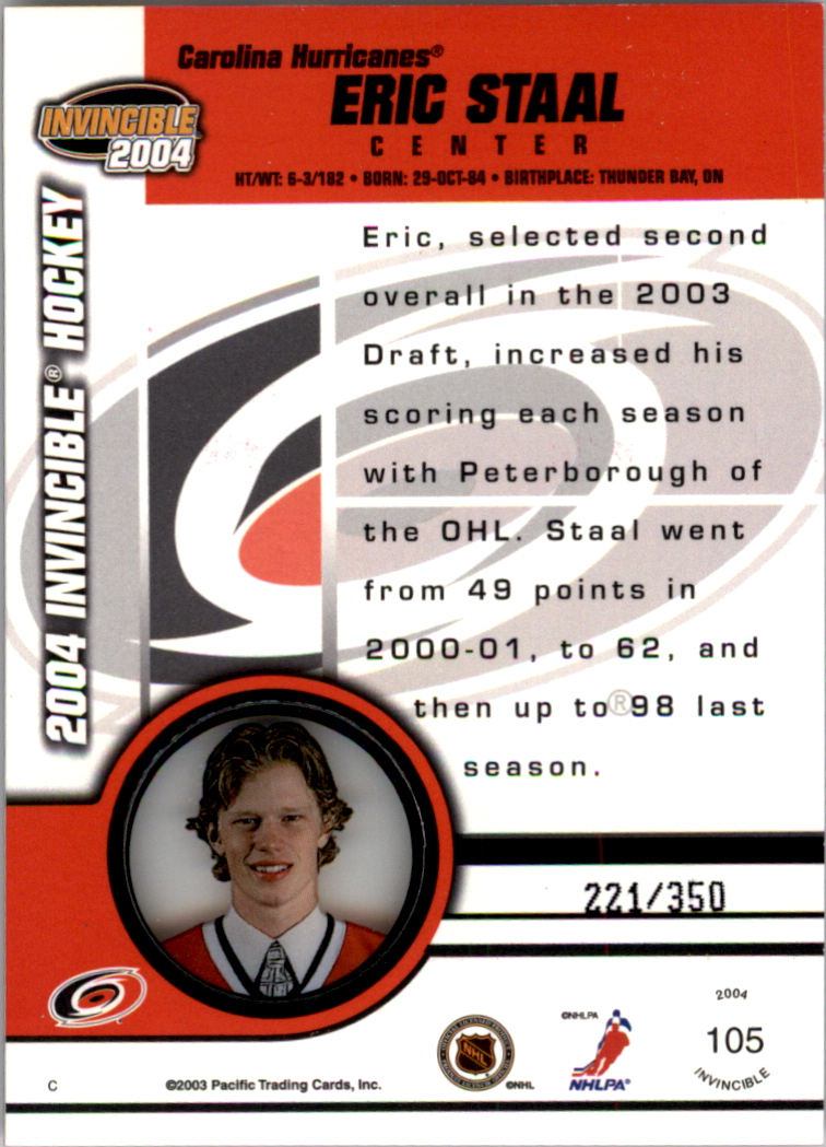 2003-04 Pacific Invincible Blue #105 Eric Staal back image