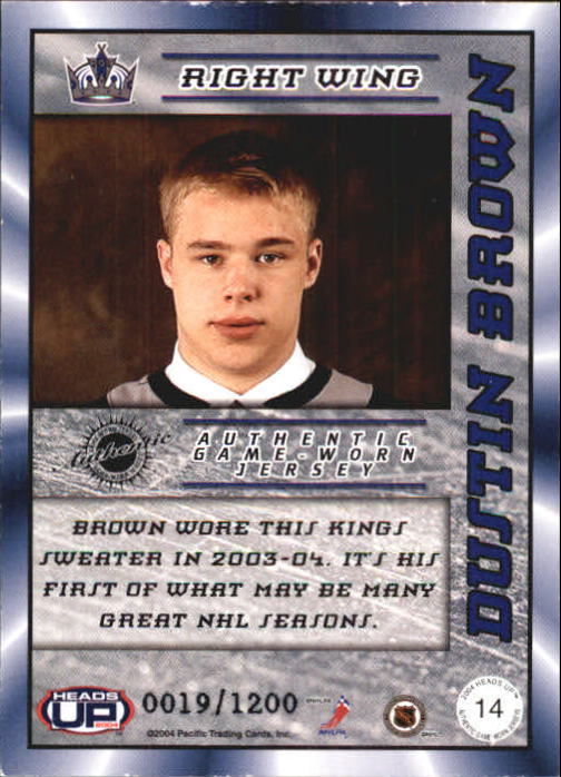 2003-04 Pacific Heads Up Jerseys #14 Dustin Brown back image